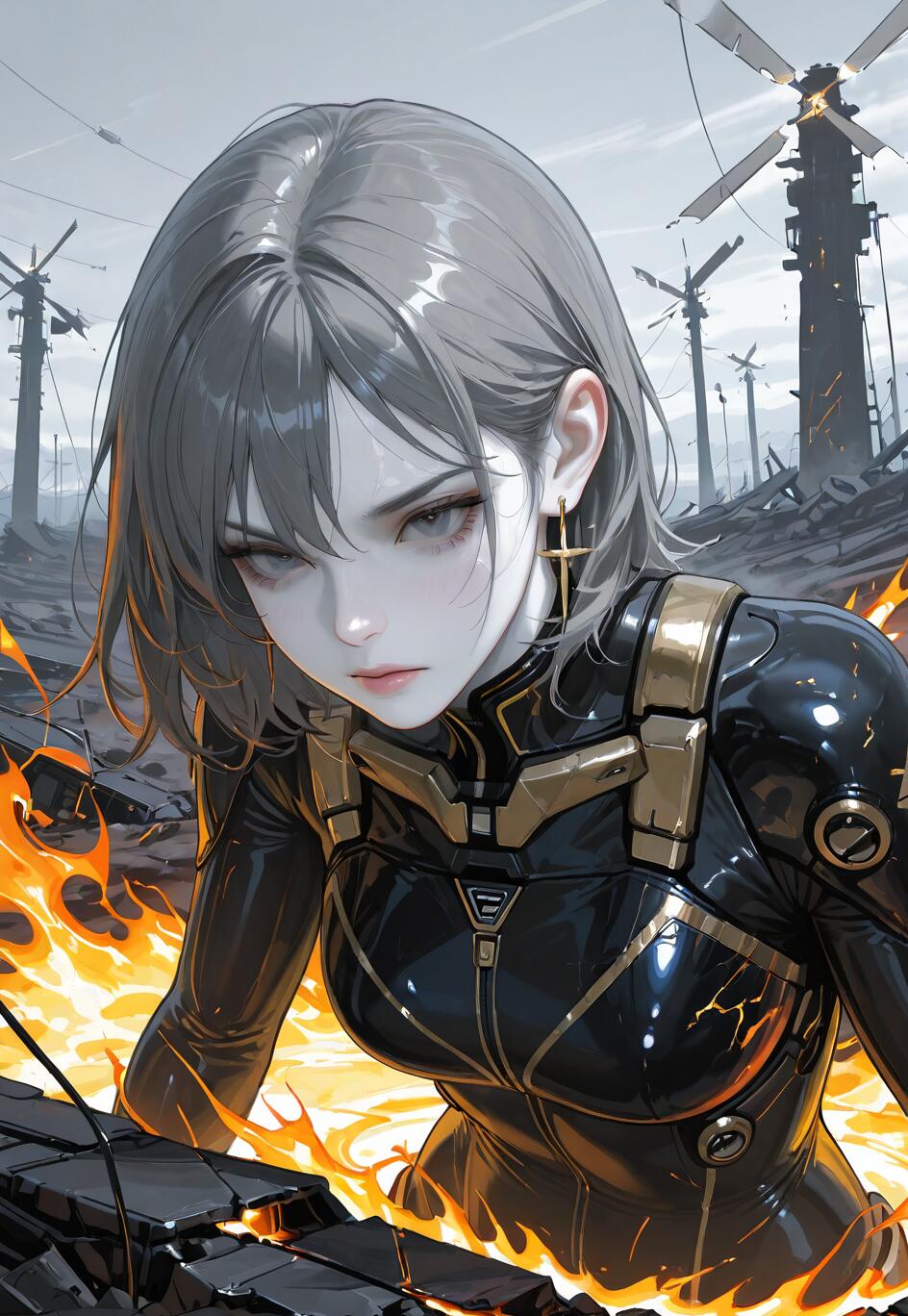 A young woman with gray hair in a futuristic black and gold combat suit stands in the middle of a burning, ruined landscape with destroyed towers in the background.