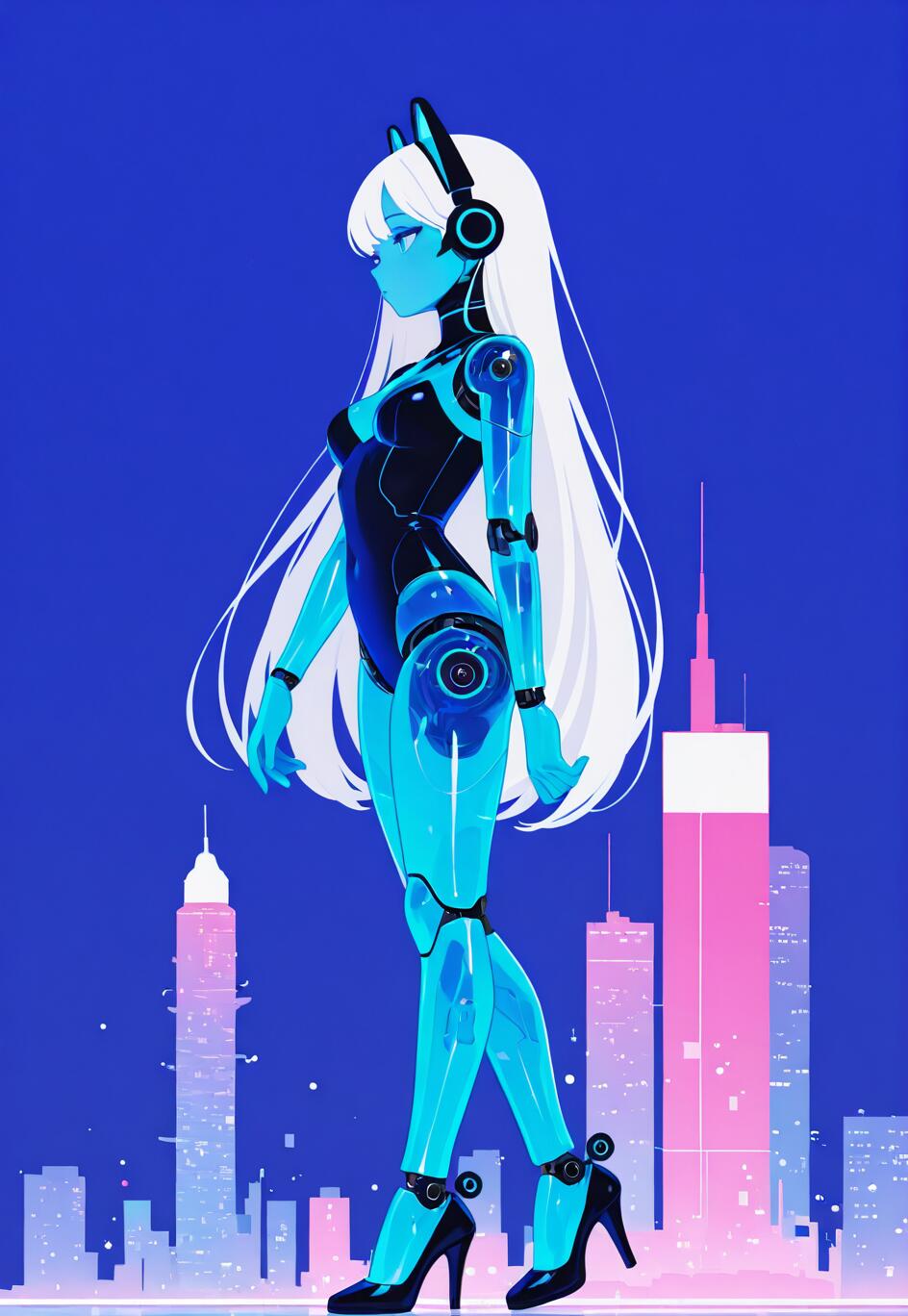 A full-length, side-view illustration of a female android with long white hair, a transparent blue body, and cat-ear headphones, walking past a futuristic pink and blue cityscape at night.