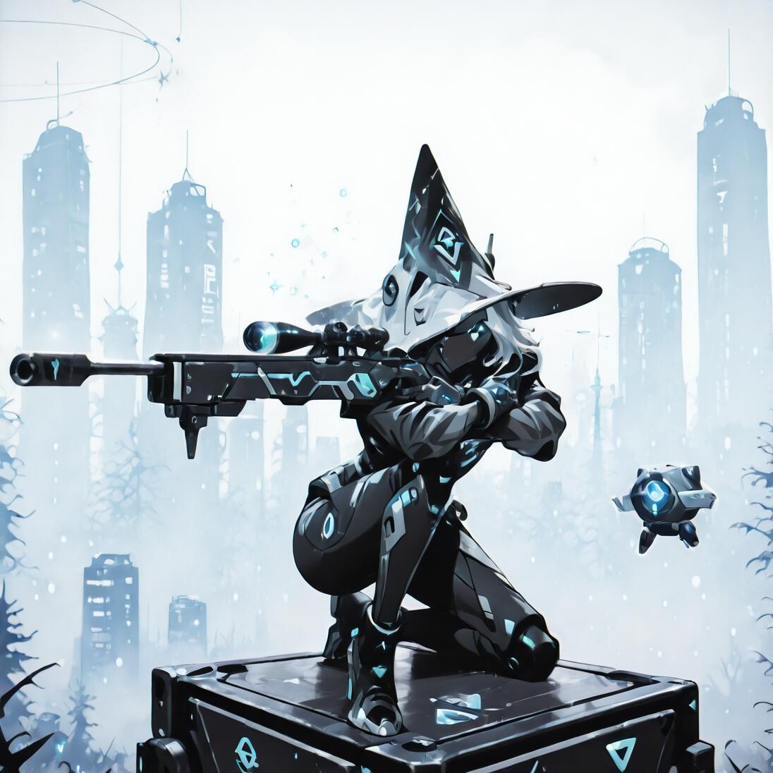An anime-style illustration of a female cybernetic witch kneeling on a platform, aiming a large sniper rifle. She wears a futuristic pointed hat and a dark bodysuit, with a small floating drone next to her and a foggy, futuristic city in the background.