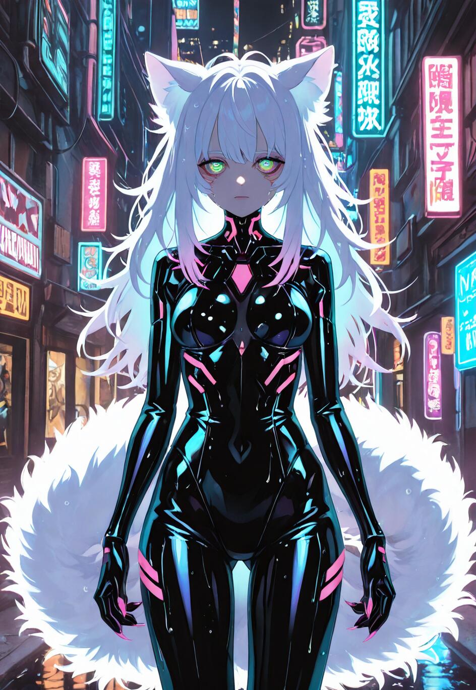 An anime-style catgirl with long white hair, a fluffy tail, and glowing green eyes, wearing a black cyberpunk bodysuit with pink details, stands in a rainy city alley at night surrounded by neon signs.