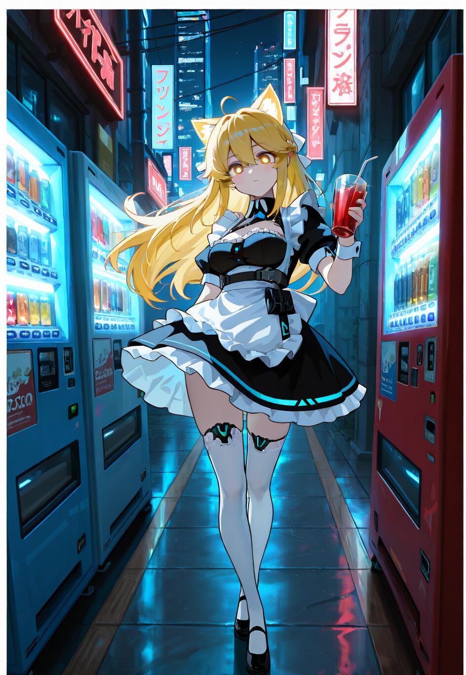A full-body illustration of a blonde catgirl in a futuristic black and white maid outfit, walking down a neon-lit city alley at night between vending machines while holding a red drink.