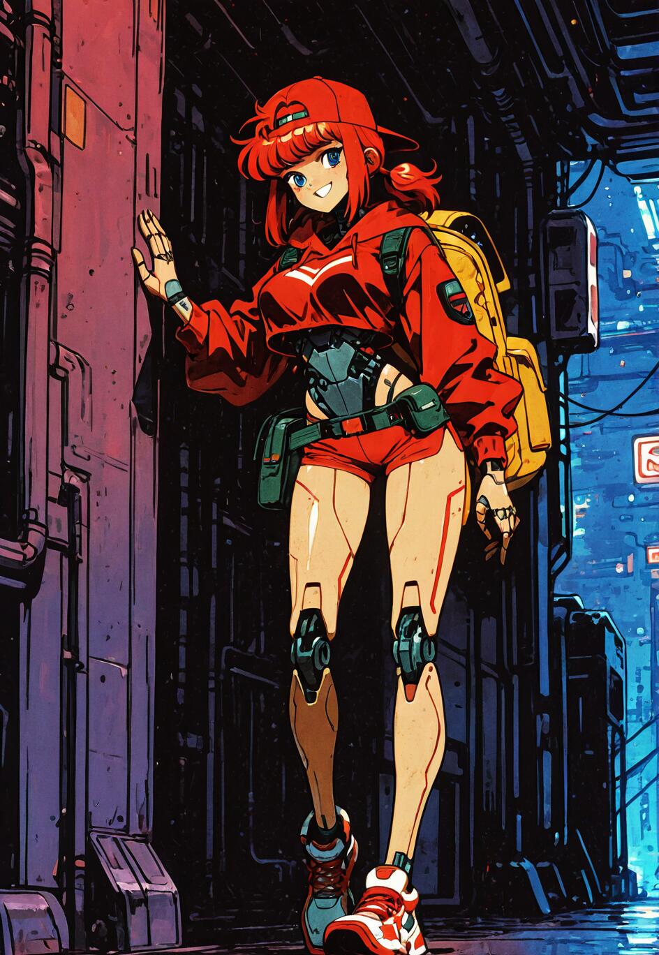 A full-body illustration of a smiling female android with red hair and blue eyes in a cyberpunk city. She wears a red cropped hoodie, shorts, a backwards red cap, and a yellow backpack. Her legs and midsection are visibly robotic, and she leans against a wall in a dark, neon-lit alley.