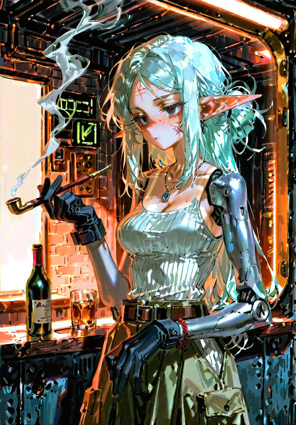 A digital illustration of a cyberpunk elf with mint-green hair and two different robotic arms sitting at a bar. She is smoking a pipe and has a melancholic expression, with a glass of whiskey and a wine bottle on the counter next to her.