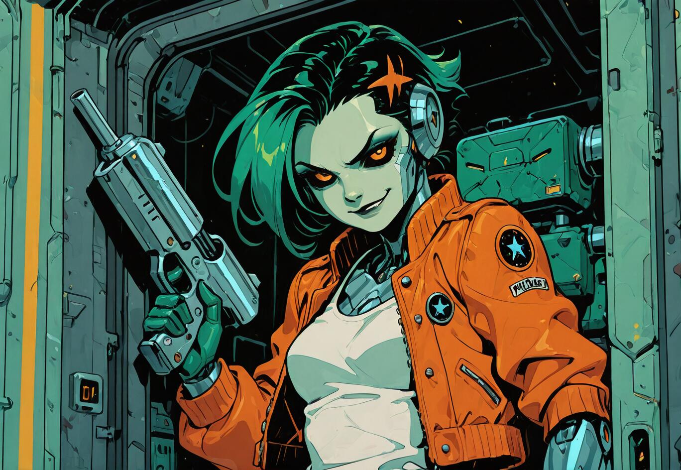 A close-up illustration of a female cyborg with short green hair and glowing orange eyes. She is smirking and holding a large silver pistol while wearing an orange bomber jacket. She stands in a futuristic, metallic doorway.