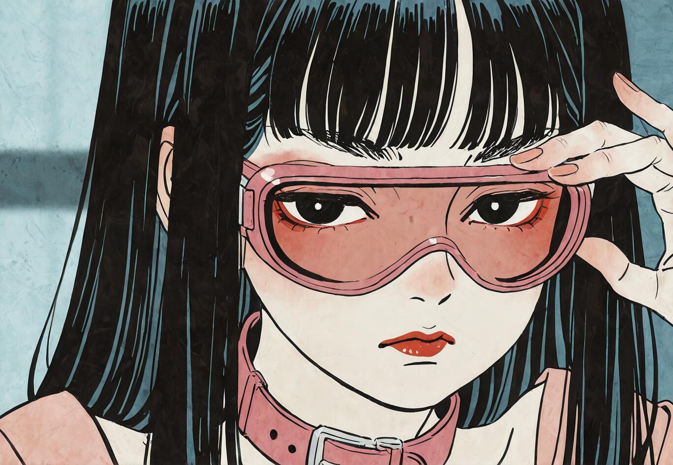 A close-up illustration of a young woman with long black hair and bangs, wearing large pink goggles and a pink choker. She is touching the goggles with one hand and looking directly at the viewer with a serious expression.
