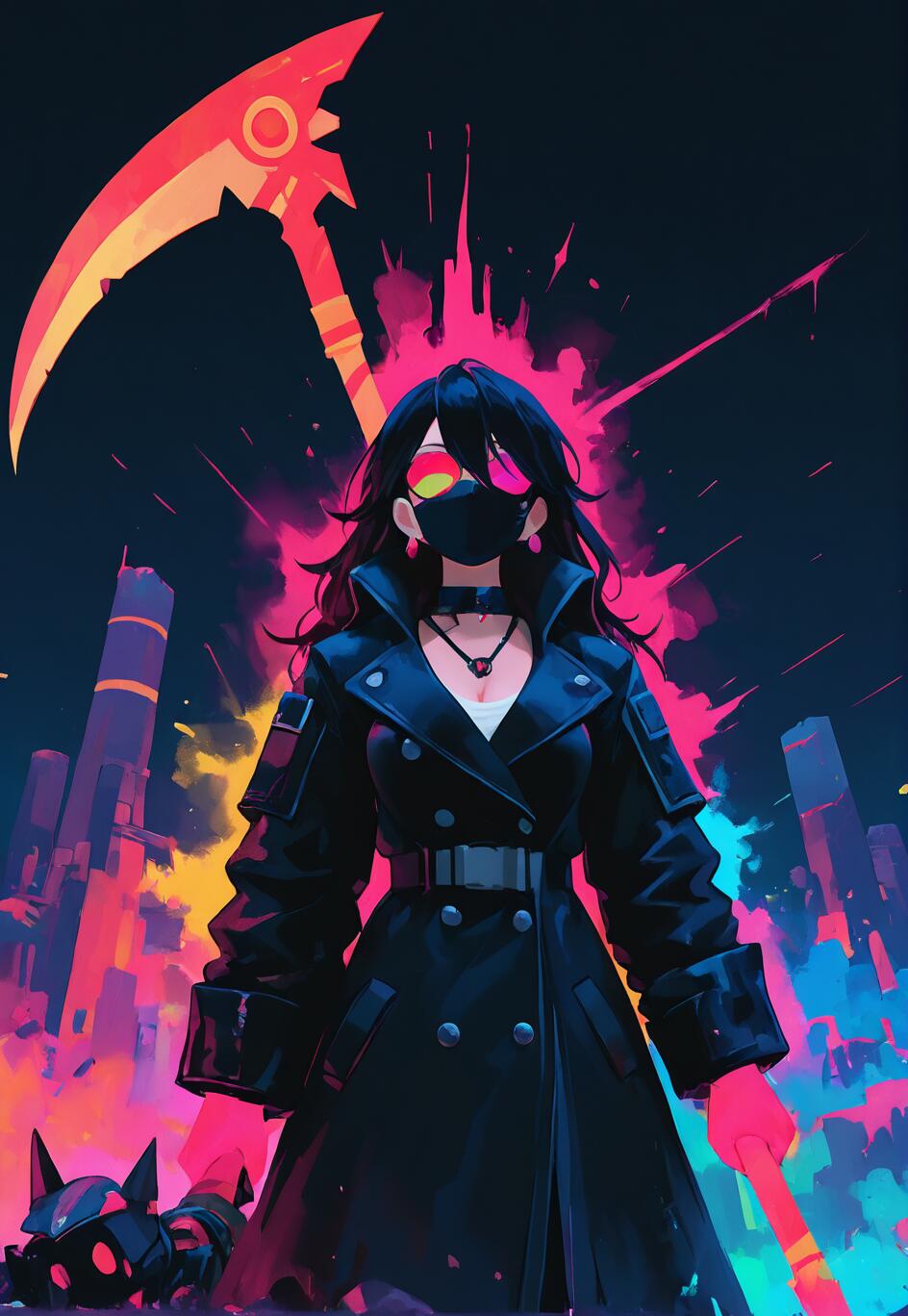 A female anime character, as a version of Qrow Branwen from RWBY, wearing a black trench coat, face mask, and neon sunglasses, stands in front of a colorful cyberpunk city holding a large, glowing scythe.