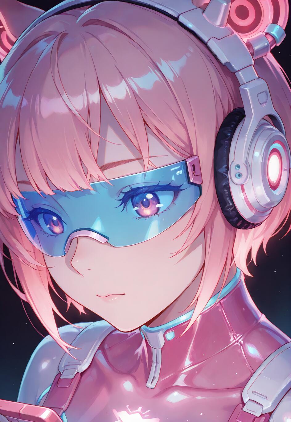 A close-up anime-style portrait of Sangonomiya Kokomi with pink hair, wearing a futuristic blue visor, large white headphones, and a sleek pink and white bodysuit against a dark background.