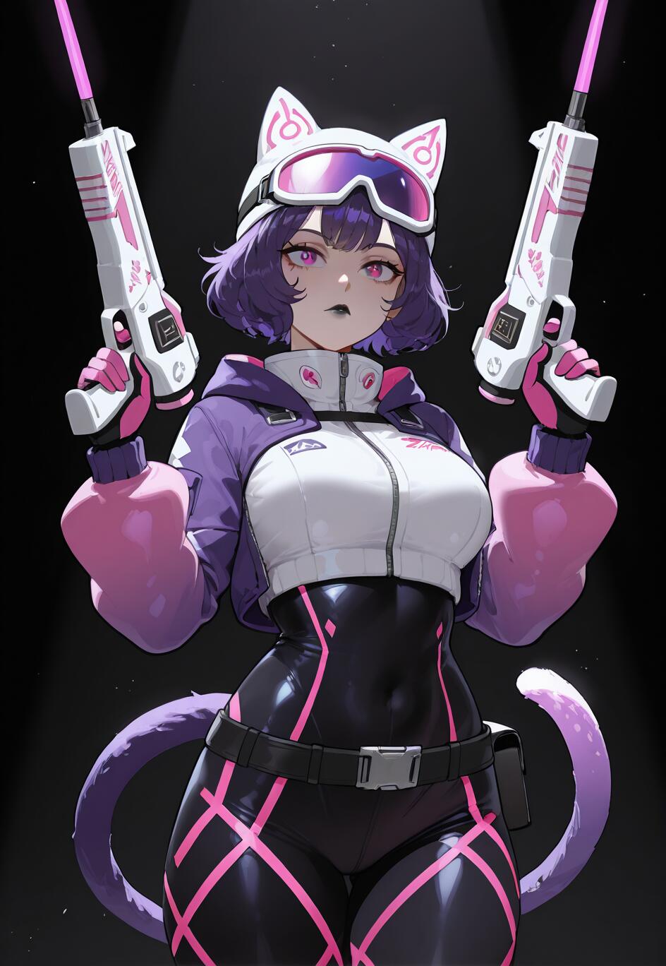 A female anime character with short purple hair, cat ears, and a tail, dressed in a futuristic purple, white, and black outfit. She is holding two laser guns and looking directly at the viewer against a dark background with spotlights.
