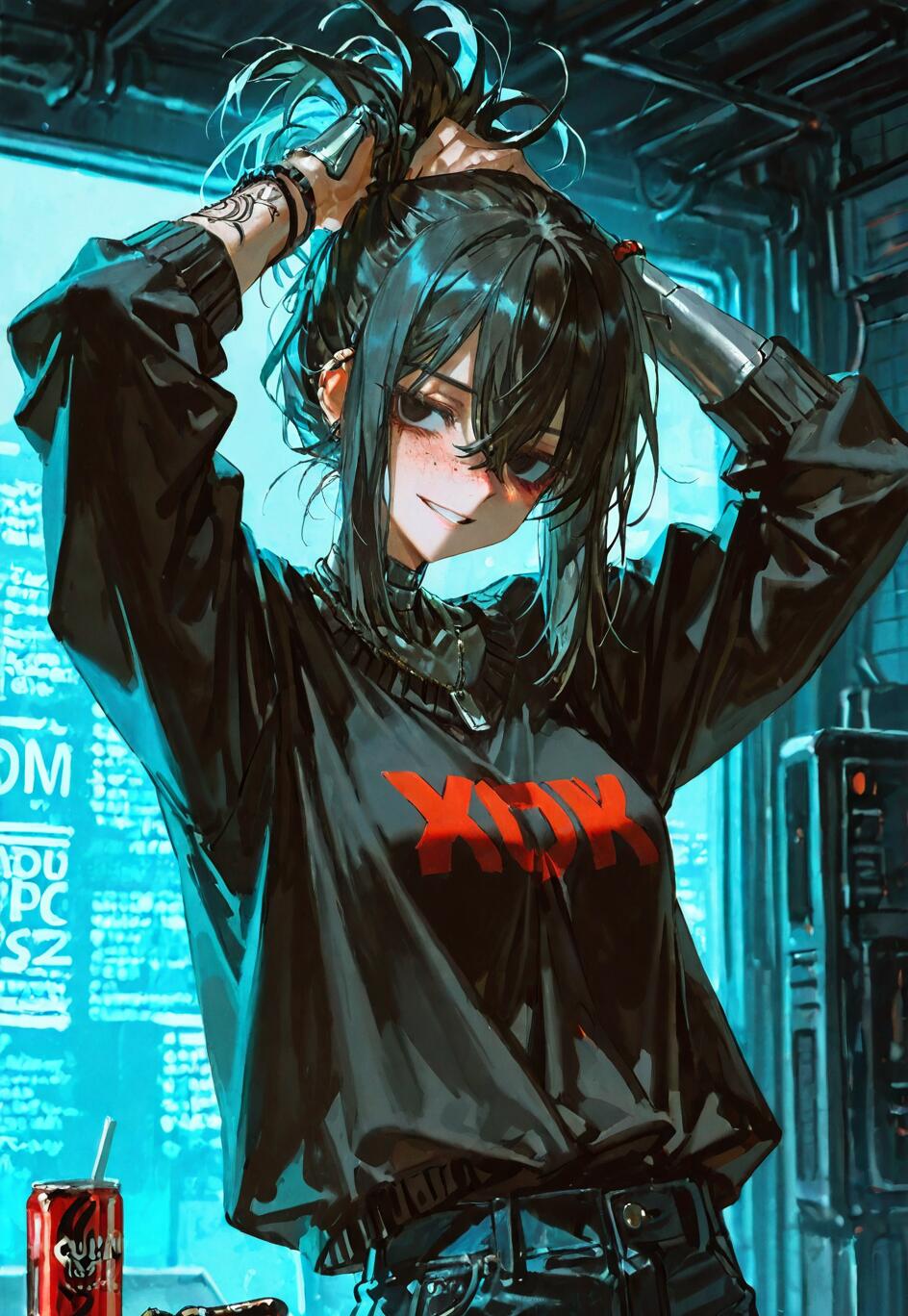 A digital illustration of Naomi Misora from Death Note as a cyborg in a cyberpunk setting. She has black hair and freckles, and is smiling while tying her hair up. The background is filled with bright blue neon lights.