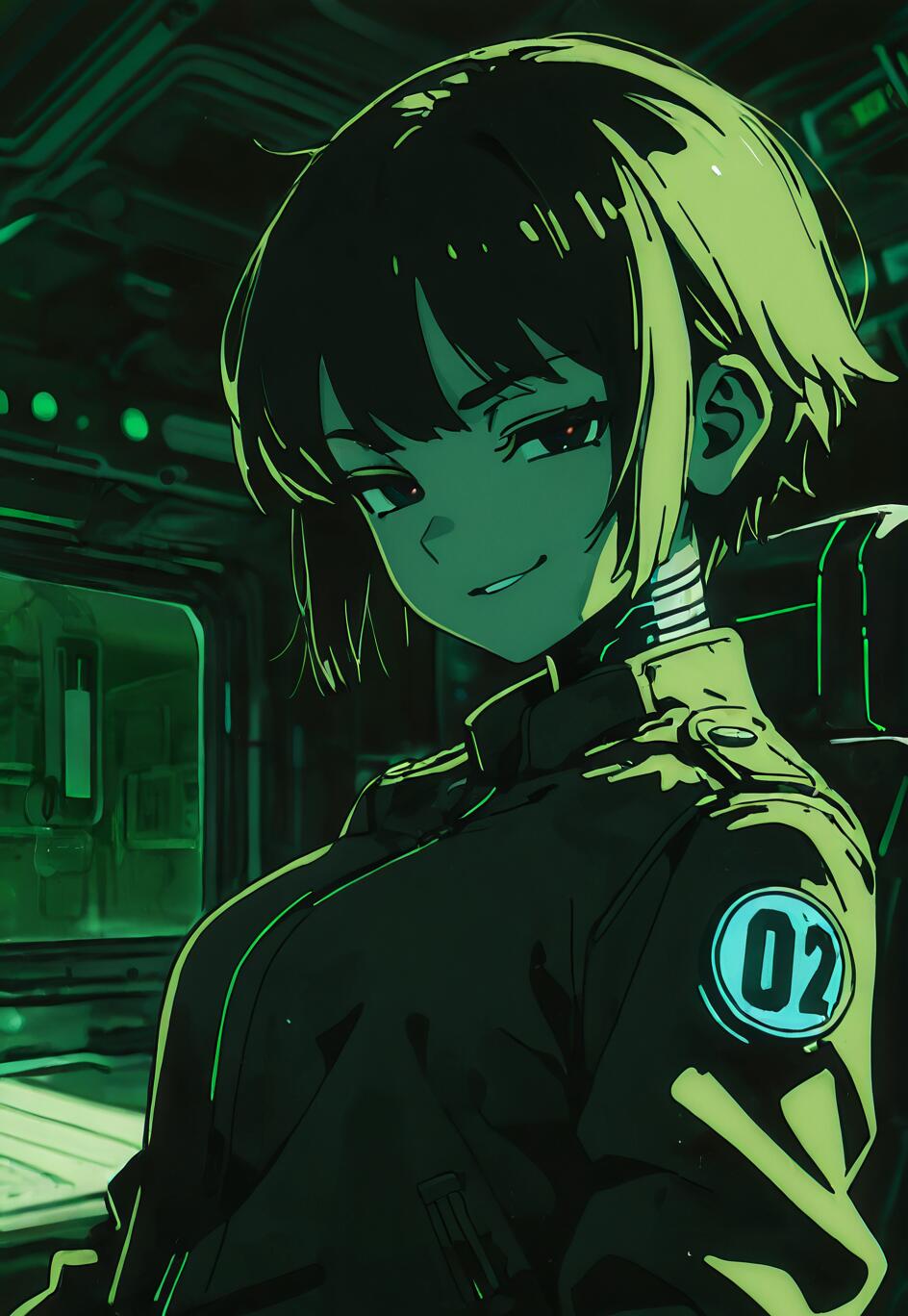An anime-style illustration of a female cyborg with short dark hair smirking in a dark, green-lit futuristic room. She wears a pilot jacket with a glowing '02' patch on the sleeve.