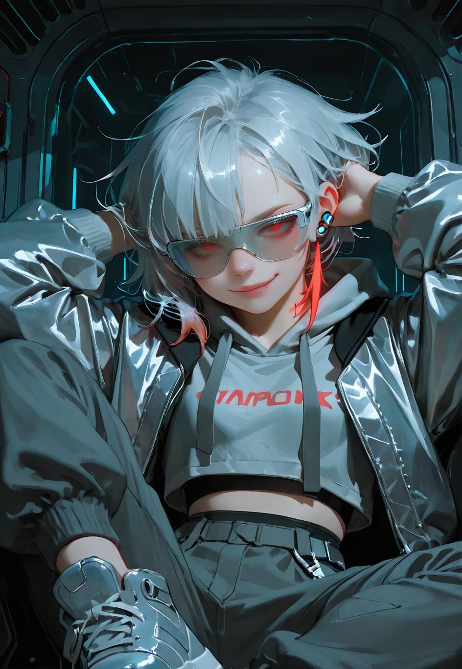 A young woman with short silver hair and glowing red eyes smirks confidently while sitting in a futuristic, neon-lit environment. She is wearing a metallic silver jacket, a gray cropped hoodie, and cyberpunk visor glasses.