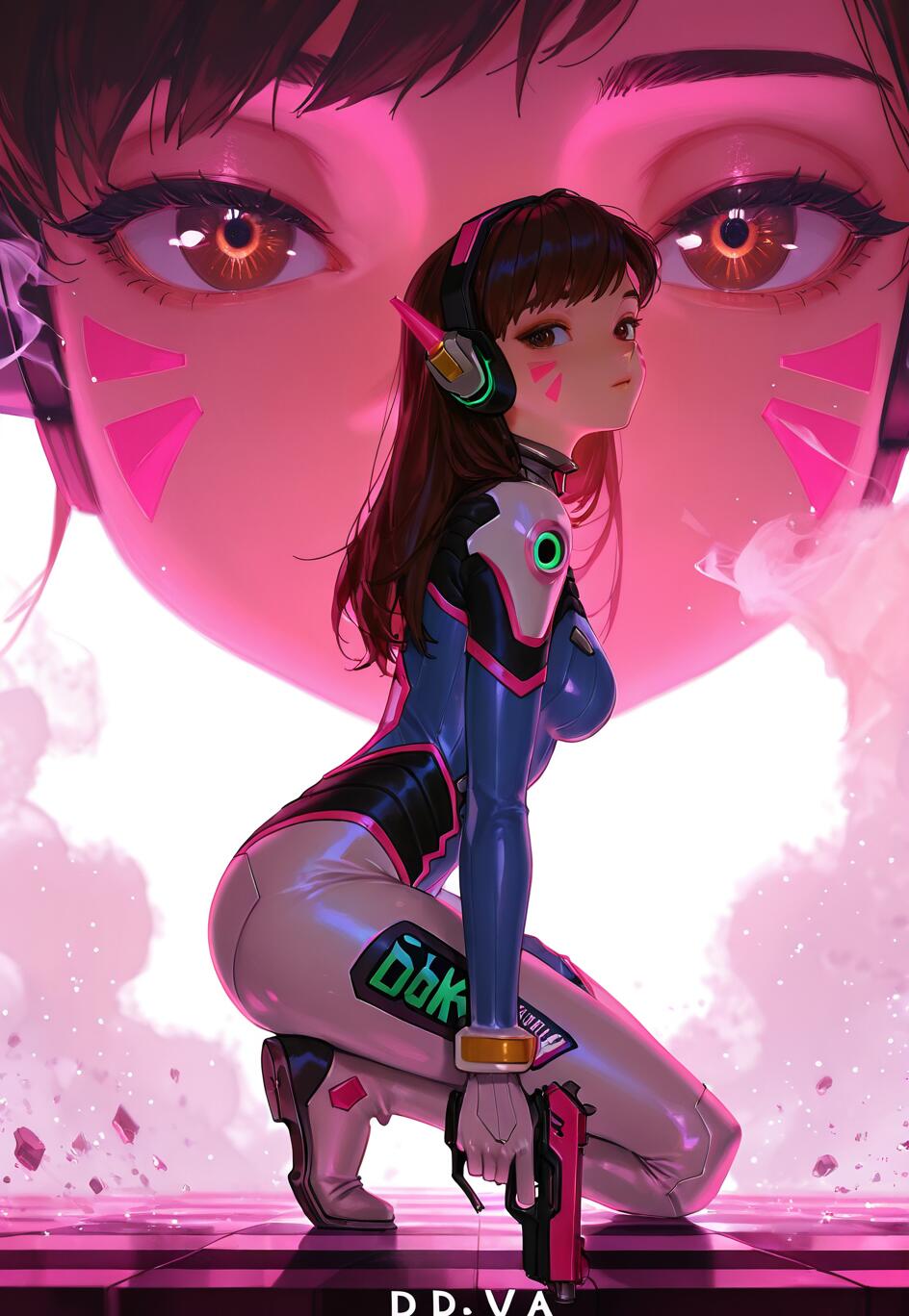 A full-body illustration of D.Va from Overwatch crouching on a pink and black checkered floor. She is wearing her pilot bodysuit, holding a pink handgun, and looking over her shoulder. A large, pink-tinted close-up of her face is in the background.