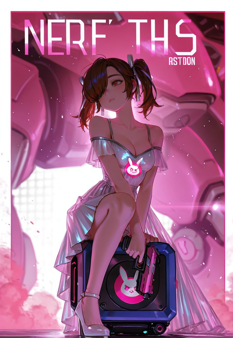 D.Va from Overwatch in an elegant white dress, sitting on a speaker case and holding her pink pistol, with her large pink MEKA robot in the background. The text 'Nerf This' is at the top.