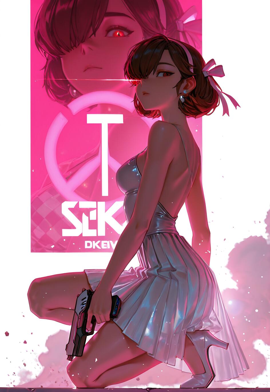 D.Va from Overwatch in a crouching pose, wearing a silver dress and holding a handgun against a stylish pink and white background.