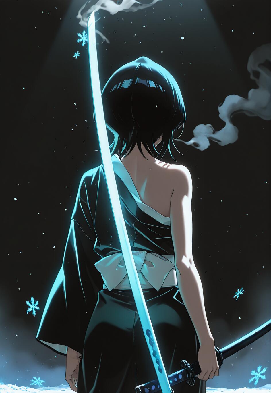 An anime illustration of Rukia Kuchiki from Bleach, seen from the back. She has short black hair and wears a black shinigami uniform. She holds a glowing blue katana in a snowy, dark environment.
