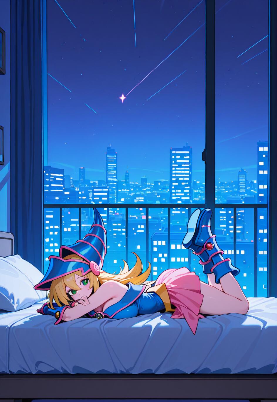 Dark Magician Girl from Yu-Gi-Oh! in her signature blue and pink outfit, lying on her stomach on a bed in a high-rise apartment, with a nighttime city skyline and a shooting star visible through the window.