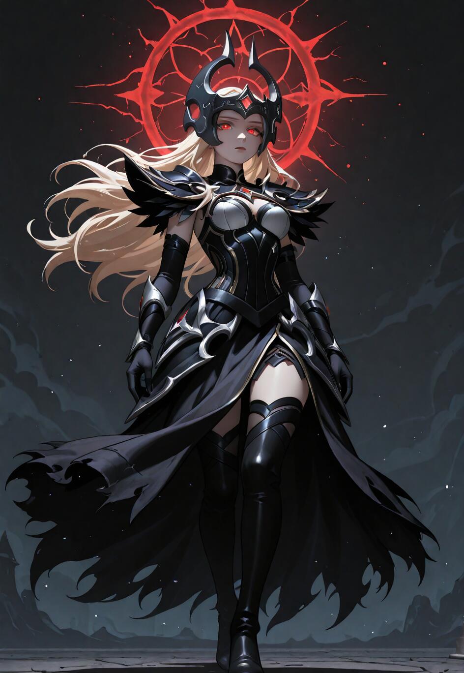 A full-body illustration of a female fantasy character, Syndra from League of Legends, with long blonde hair, glowing red eyes, and a dark crown. She is wearing ornate black and silver armor and stands before a glowing red sigil in a dark environment.