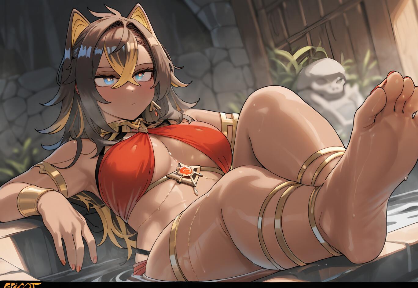 Fan art of Dehya from Genshin Impact relaxing in a stone bath. She has tan skin, two-tone hair, and blue eyes, and is wearing a red and gold bikini. She is lounging with her foot propped up towards the viewer.