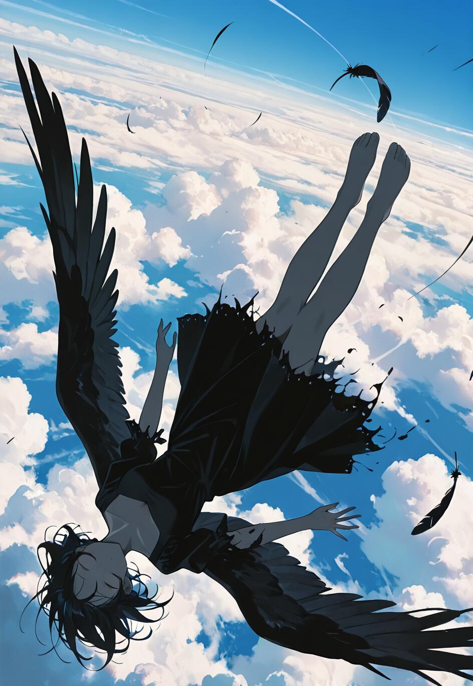 An anime-style illustration of a girl with black hair and large black wings falling upside-down through a blue sky filled with white clouds. She is wearing a black dress and is barefoot, with black feathers floating around her.