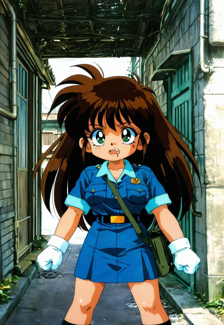 A 90s-style anime illustration of Natsumi Tsujimoto from 'You're Under Arrest' standing in a gritty urban alley. She is wearing her blue police uniform, has messy brown hair, green eyes, and a determined expression with small fangs.
