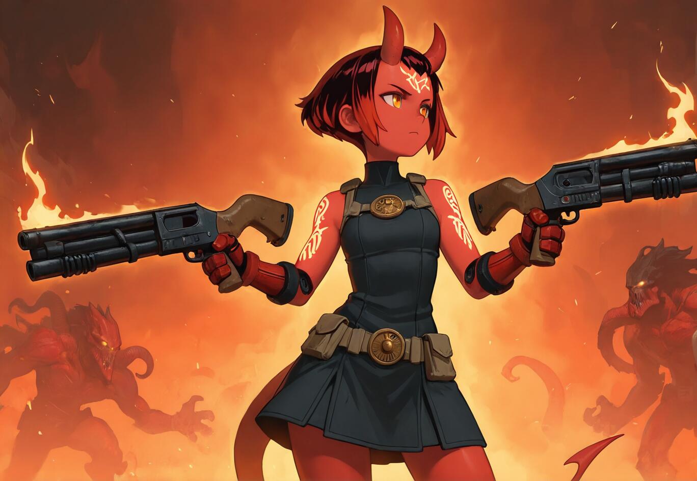 A devil girl with horns and glowing tattoos, holding double-barrel shotguns, tactical gear, fiery background, demonic creatures.