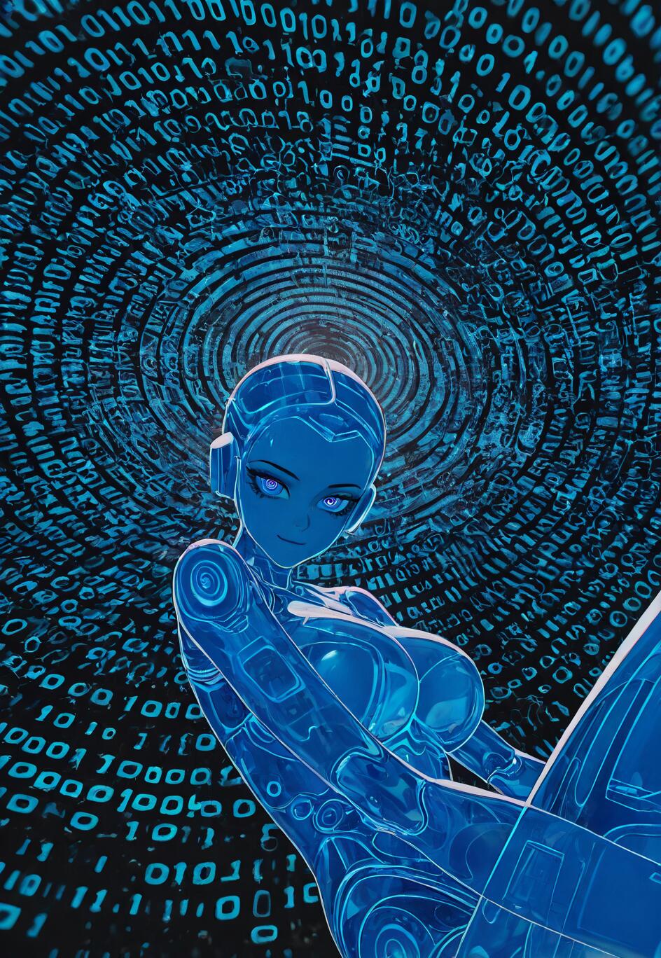 A blue-skinned, translucent female android with large blue eyes and a smirk, set against a dark background of swirling, concentric circles of glowing blue binary code.