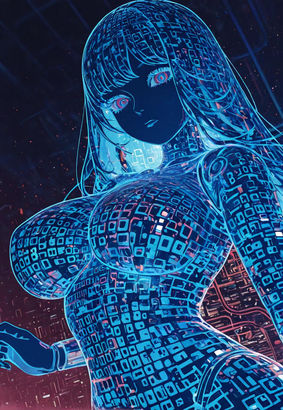 A low-angle portrait of a curvaceous, anime-style woman whose entire body is made of glowing blue digital data and circuits against a dark, futuristic background.