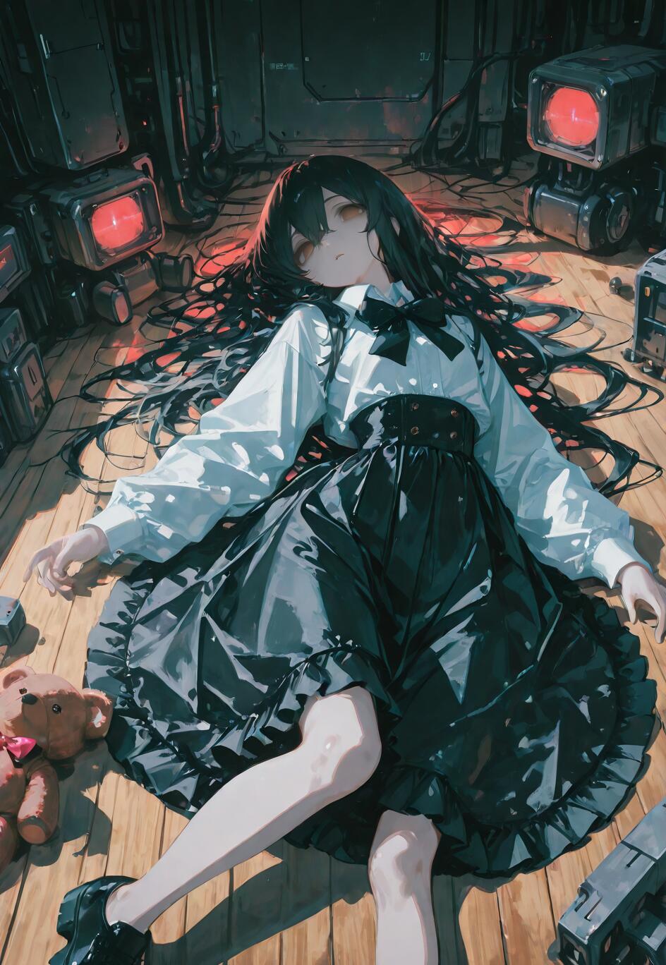 A high-angle view of an anime girl with long black hair lying on a wooden floor in a sci-fi room. She wears a white shirt and black skirt, and is surrounded by machinery with glowing red screens and a small teddy bear.