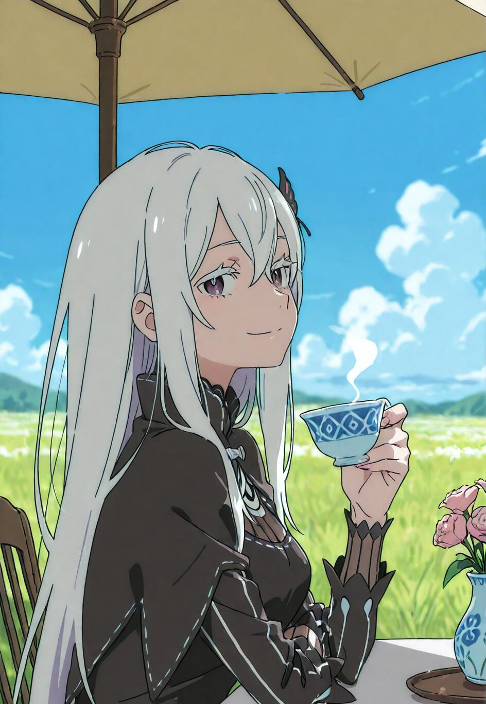 Echidna from Re:Zero, a woman with long white hair and a black dress, sits at an outdoor table under an umbrella, smiling as she holds a steaming teacup in a grassy field with a blue sky.