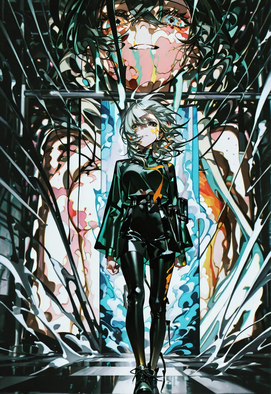 An anime character with short white hair and a futuristic black and green outfit walks through a chaotic, abstract hallway. In the background, a giant, weeping face is visible amidst sharp, swirling shapes.
