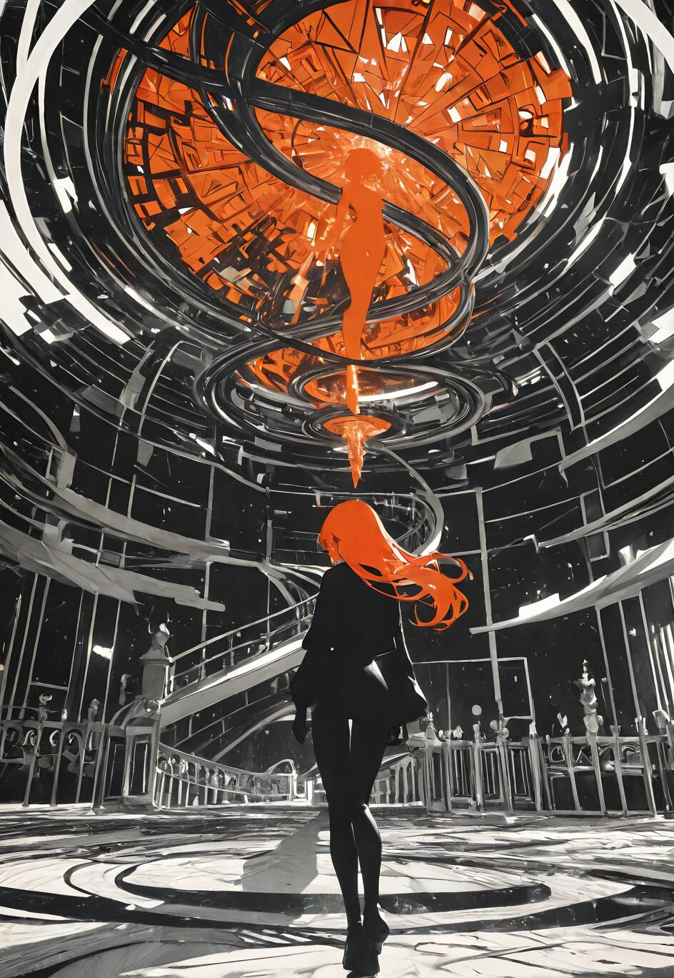 A stylized illustration of a woman with long orange hair, seen from behind in a vast, black and white futuristic hall. She looks up at a massive, intricate orange and black sphere on the ceiling, where a glowing orange silhouette of a woman floats.