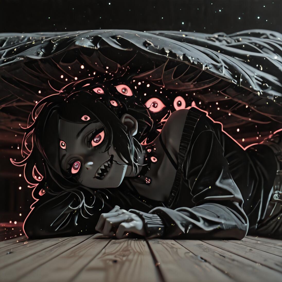 A dark and creepy illustration of Ashley Graves from 'The Coffin of Andy and Leyley' as a monster. She is lying on a wooden floor under a bed, with many glowing red eyes and a sharp-toothed grin.