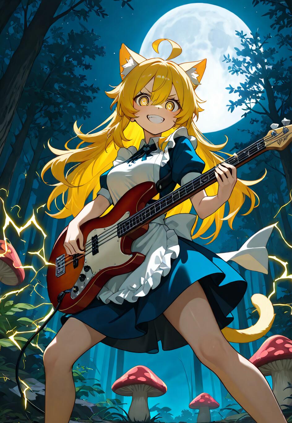An anime cat girl with long blonde hair and yellow spiral eyes, wearing a blue Alice-style dress, plays a red bass guitar in a dark forest under a full moon, surrounded by giant mushrooms and electricity.