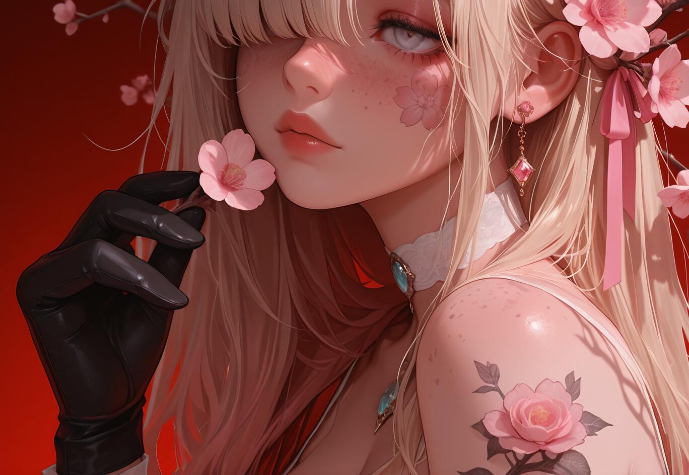 An anime illustration of a girl with long blonde hair and grey eyes against a red background. She wears a black glove, holds a pink flower, and has flower tattoos on her cheek and shoulder.
