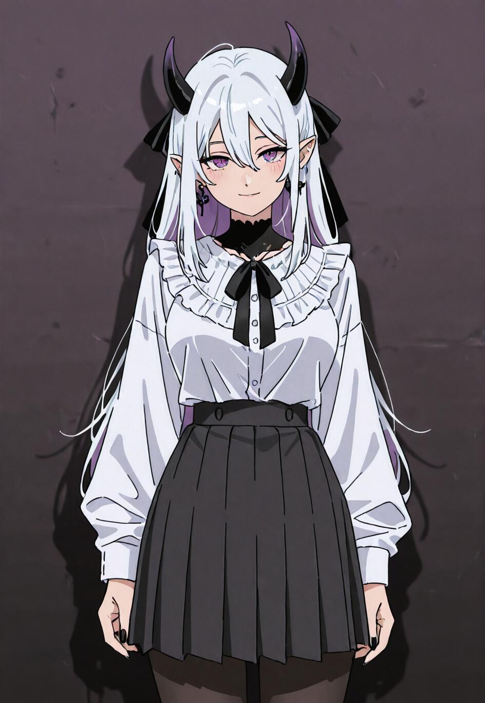 An anime-style illustration of a demon girl with long white hair, purple eyes, and black horns. She is wearing a white frilled shirt, a black pleated skirt, and a black choker, smiling softly against a dark grey wall.