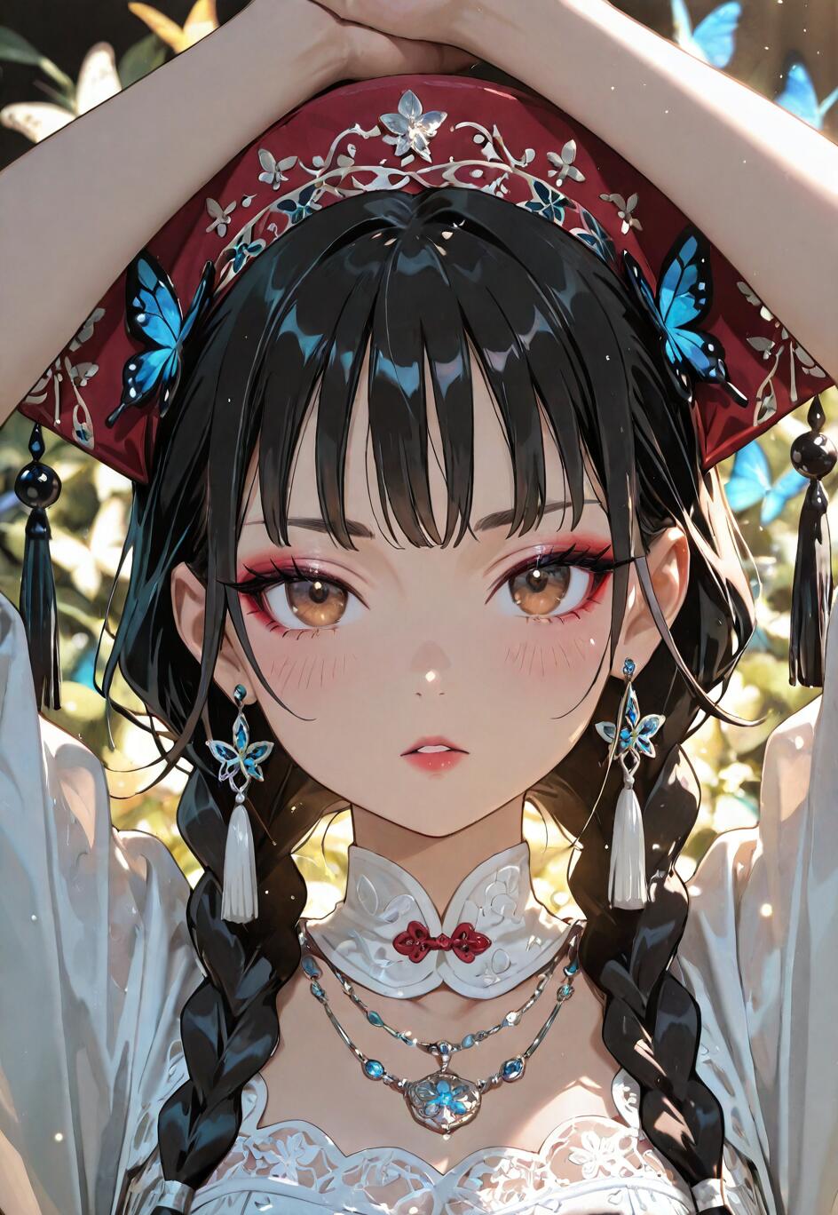 An anime-style portrait of a young woman with black braided hair and brown eyes, wearing a red headdress with blue butterfly ornaments, a white traditional dress, and looking directly at the viewer against a soft, butterfly-filled background.