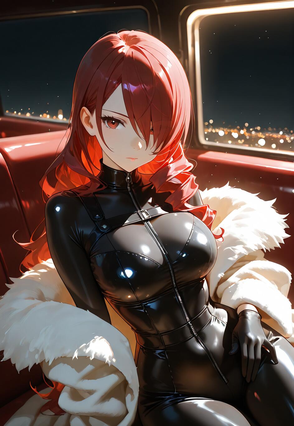 An anime-style illustration of Mitsuru Kirijo from Persona 3 with long red hair and red eyes. She is sitting in the back of a car at night, wearing a tight black leather bodysuit, black gloves, and a white fur coat.