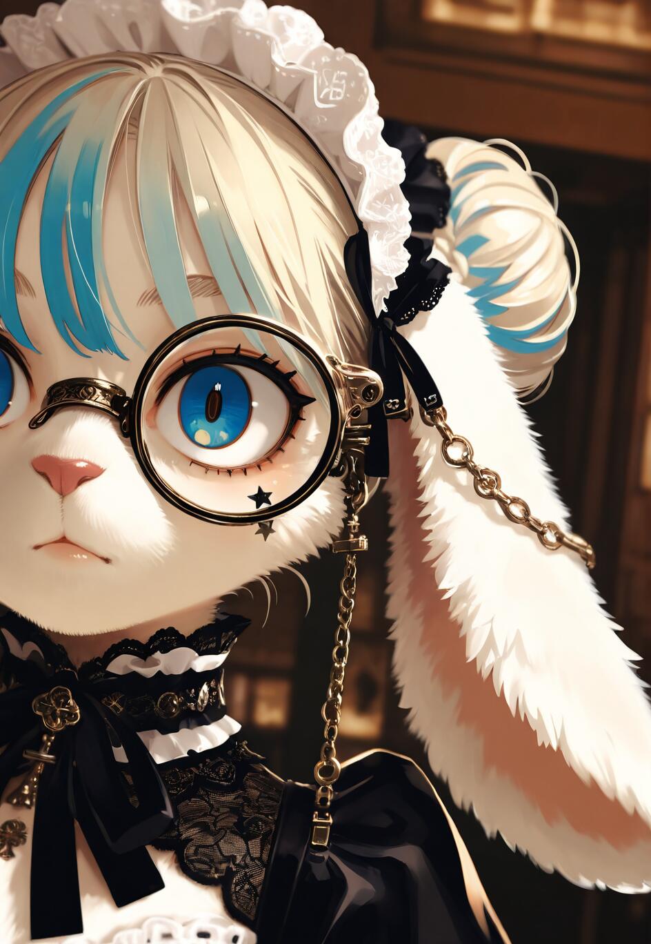 A close-up digital illustration of a white anthropomorphic rabbit with blonde and blue hair, wearing a maid headdress, a black ruffled outfit, and a golden monocle over one of her large blue eyes.