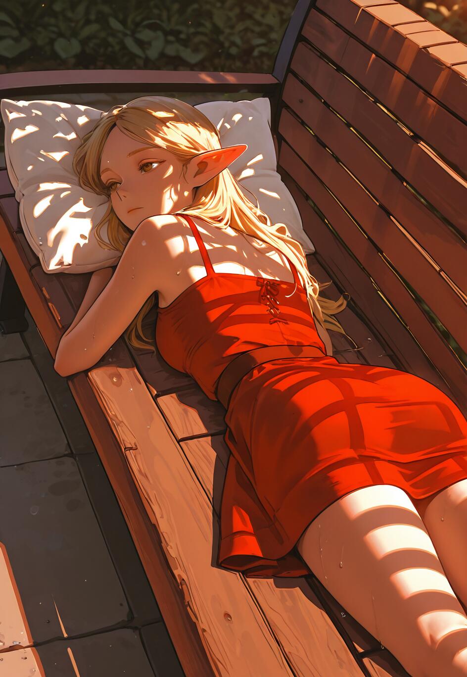 A blonde elf girl in a red dress lies on her stomach on a wooden bench in the sun. Her head rests on a white pillow, and dappled shadows are cast across her back and legs.
