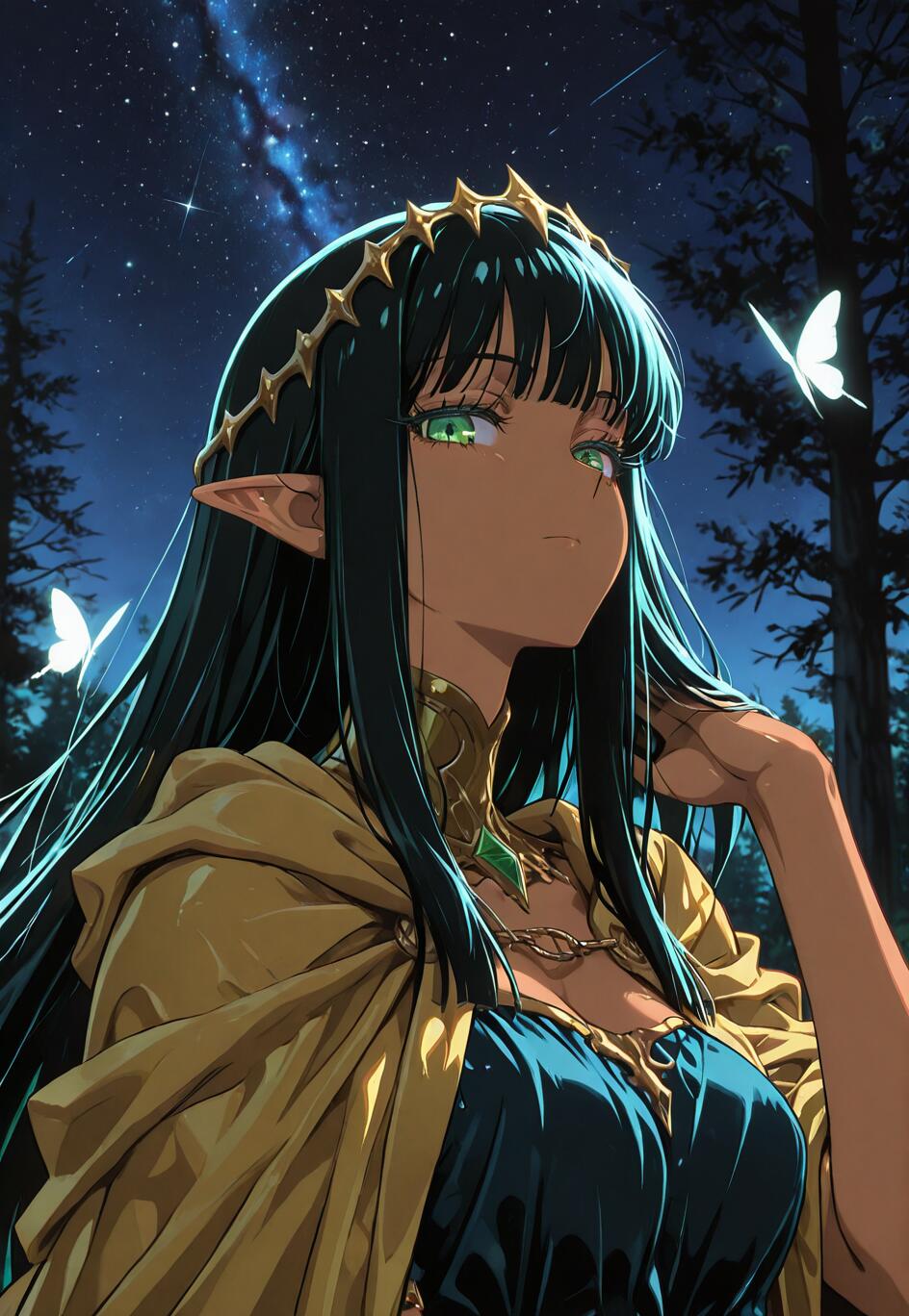 An elegant, dark-skinned elf with long black hair, bright green eyes, and a golden diadem, looking thoughtfully to the side. She is in a forest at night under a vivid starry sky with two glowing white butterflies nearby.