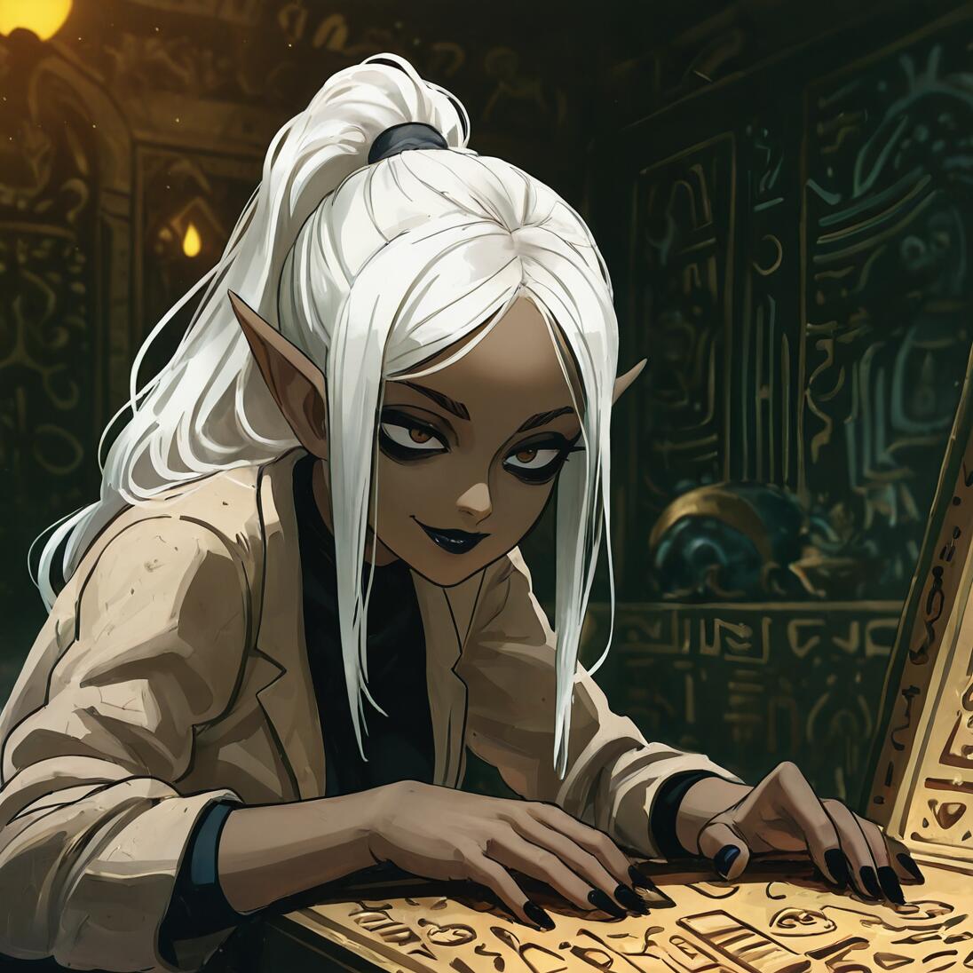 A dark-skinned elf with long white hair in a ponytail and dark makeup smirks as she leans over a stone tablet with hieroglyphics in a dimly lit, ancient tomb.