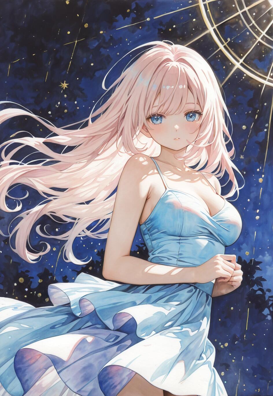 An anime-style illustration of Elysia from Honkai Impact 3rd, a beautiful girl with long pink hair and blue eyes, wearing a flowing light blue dress against a magical, starry night sky.