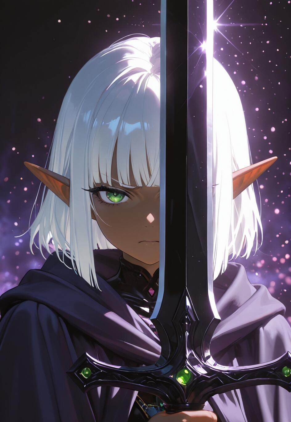 A close-up portrait of a dark-skinned elf with short white hair and vivid green eyes. She holds a large black sword with green gems on the hilt vertically in front of her face, against a starry purple background.