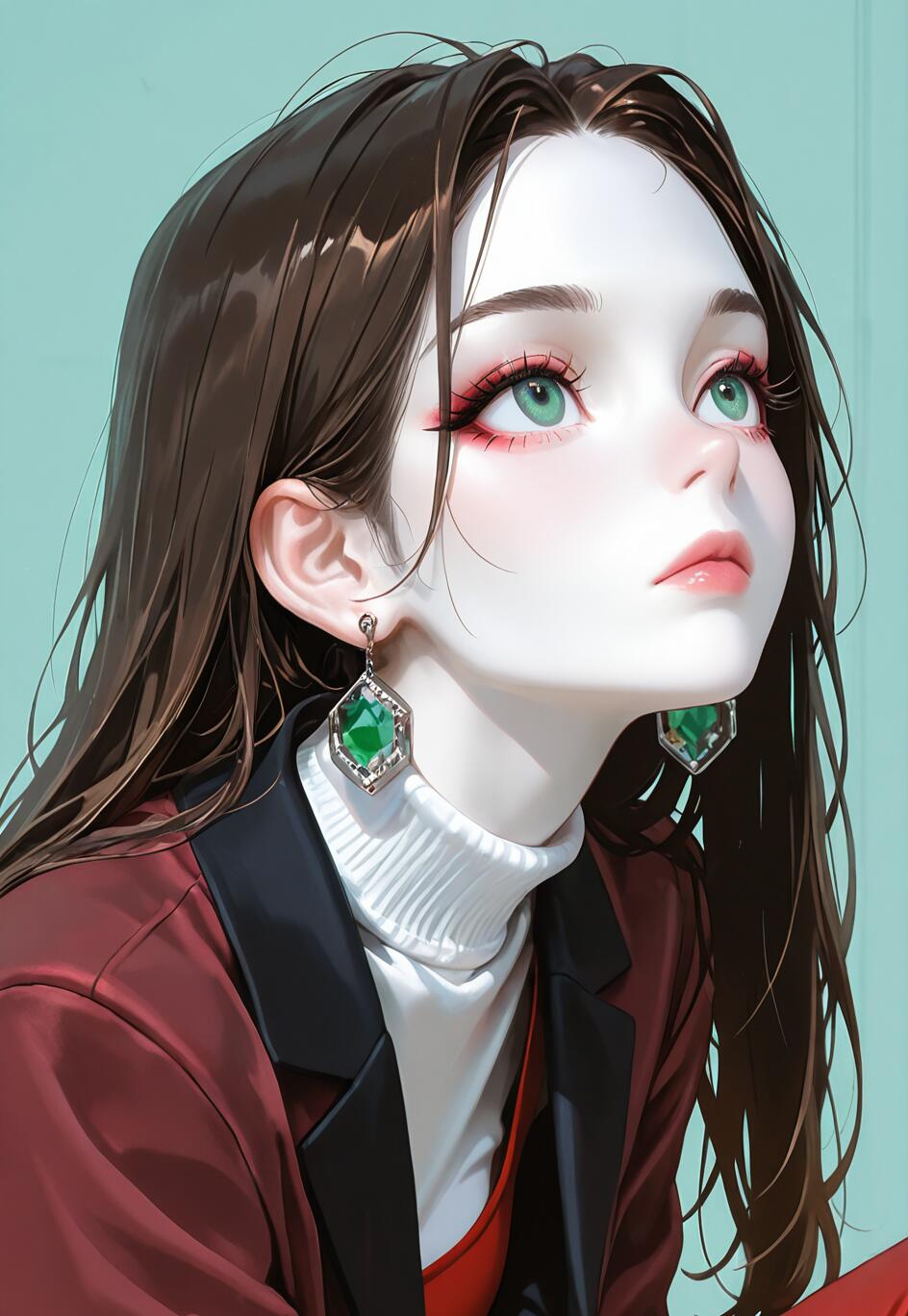 A digital illustration of a stylish young woman with long brown hair and green eyes looking up. She is wearing a white turtleneck, a red blazer, and large emerald earrings against a solid light aqua background.