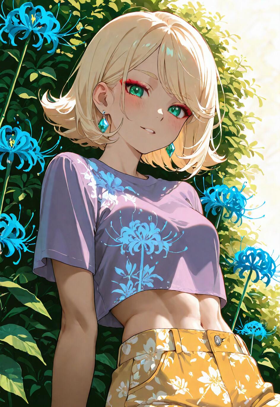 An anime-style illustration of a young woman with short blonde hair and green eyes, smiling in a garden of blue spider lily flowers. She wears a purple crop top and yellow floral pants.