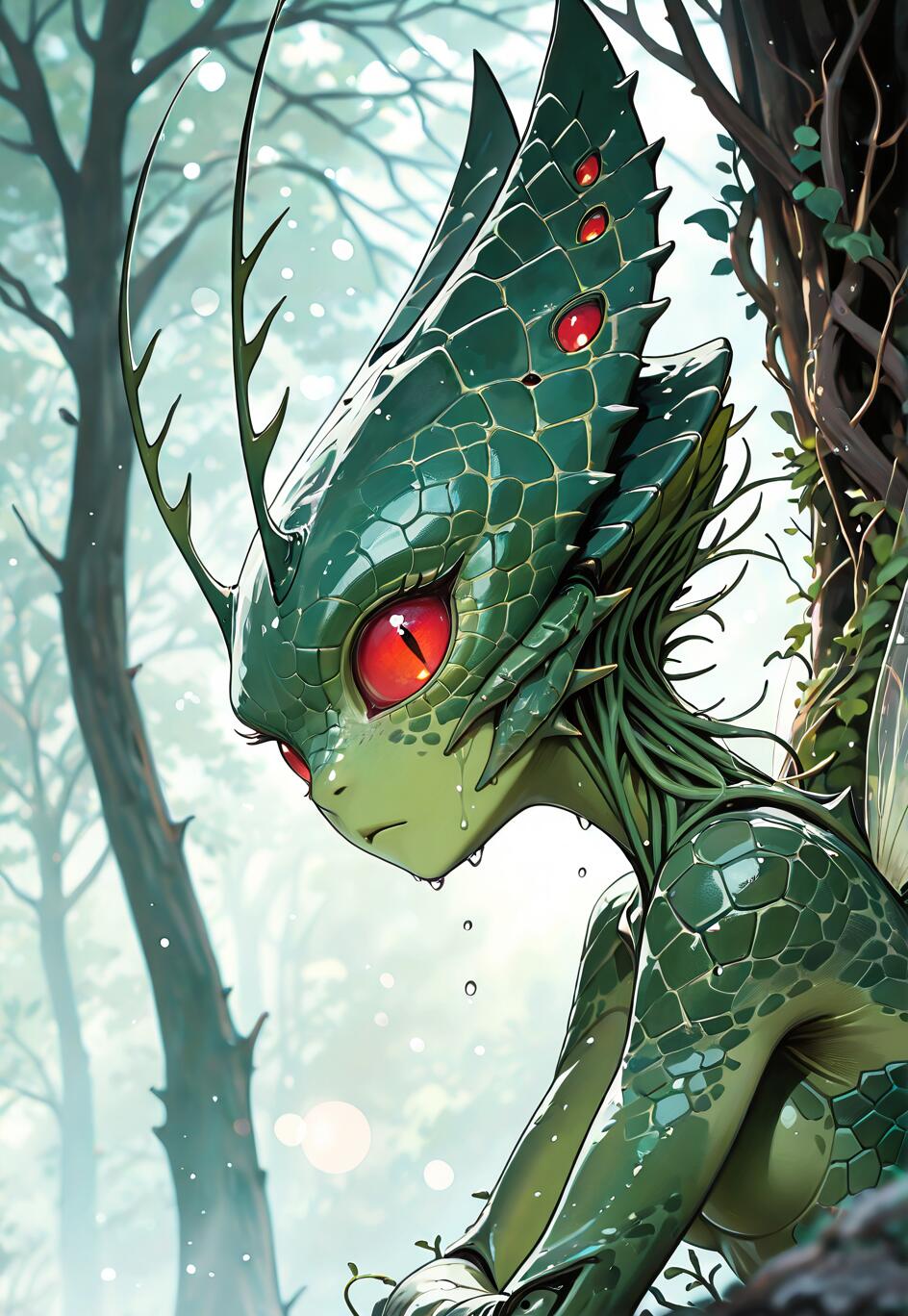 An anime-style illustration of a female fantasy creature in a misty forest. She has light green skin, large red eyes, and a crest of dark green scales. Spiked antennae extend from her forehead, and she has a pensive look on her face.