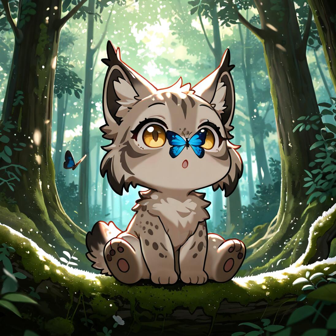 A cute, chibi-style illustration of a baby lynx sitting on a mossy branch in a sunlit forest. A bright blue butterfly is perched on the tip of its nose.
