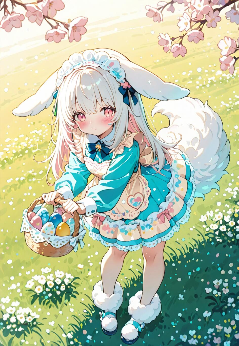 A full-body illustration of a young anime girl with long white hair and fluffy bunny ears, wearing a blue and white Easter dress, holding a basket of colorful eggs in a sunny field of flowers and cherry blossoms.