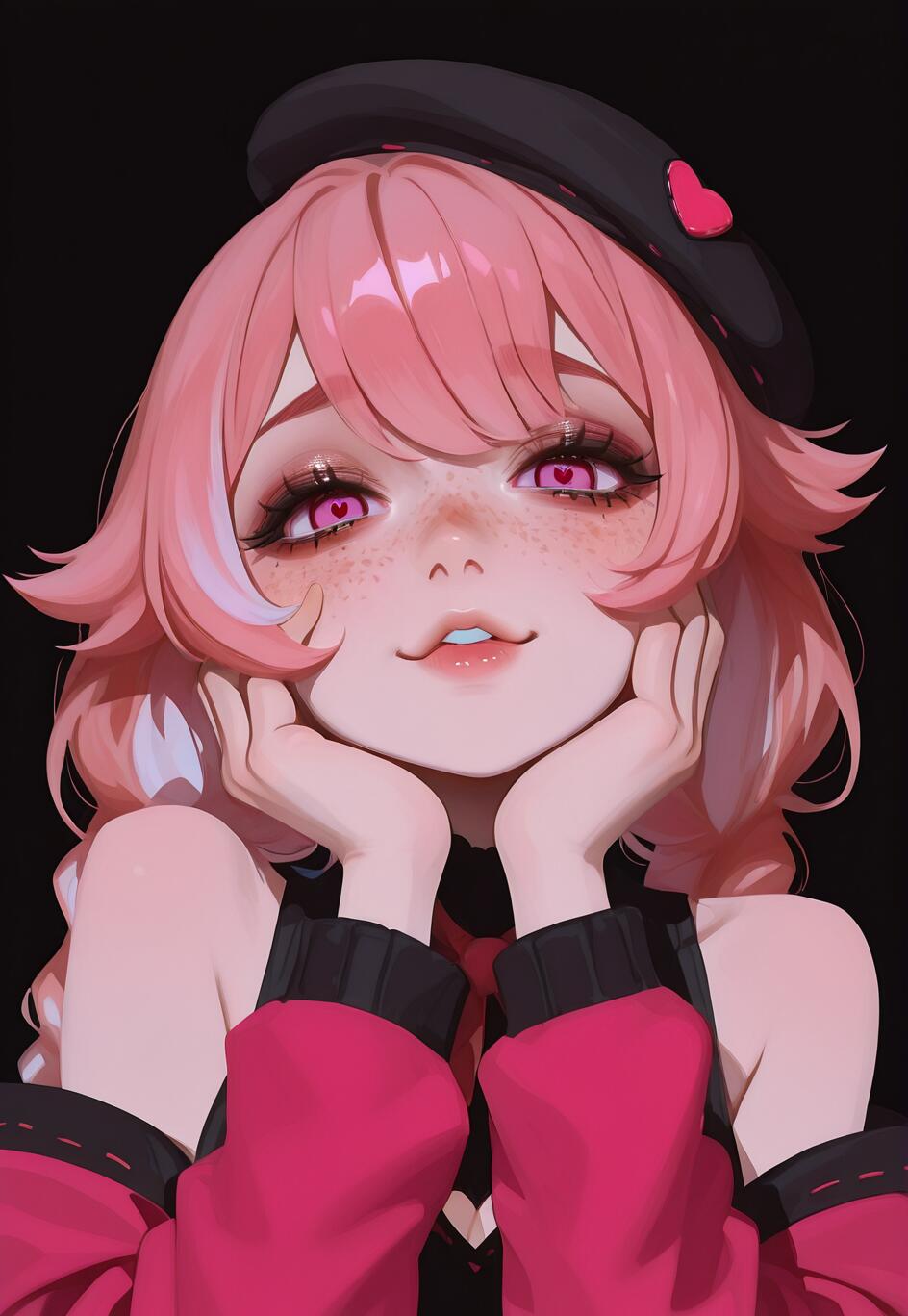 An anime-style illustration of a girl with short pink hair, pink eyes with heart pupils, and freckles. She is wearing a black beret with a heart and a magenta jacket, smiling while resting her chin on her hands and looking forward.