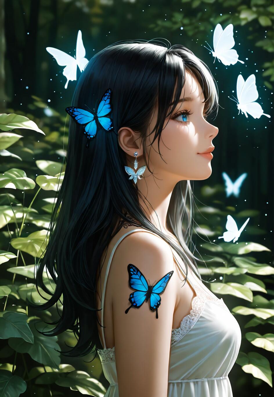 A profile portrait of a young woman with long black hair and blue eyes, standing in a lush green forest. She is surrounded by glowing blue and white butterflies, with one in her hair, one as an earring, and a butterfly tattoo on her shoulder.